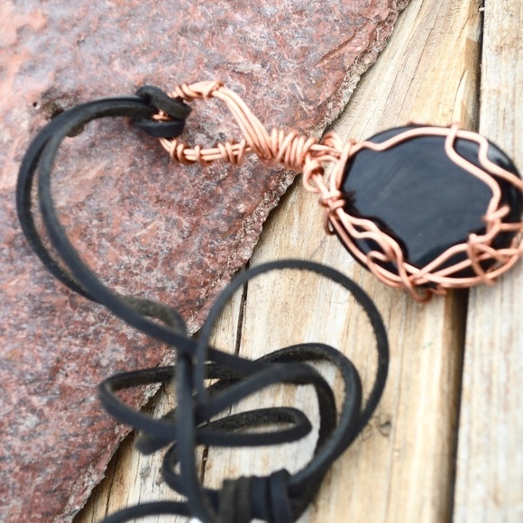 Black Obsidian Solid Copper Pendant Leather Necklace Handmade Artisan Wire Wrap - Picture 6 of 11